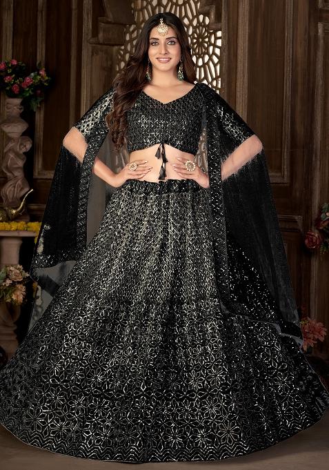Black Embroidery Net Lehenga Set