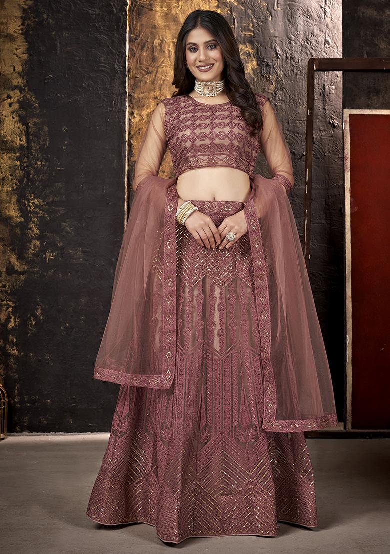 Brown Embroidery Net Lehenga Set - Indya