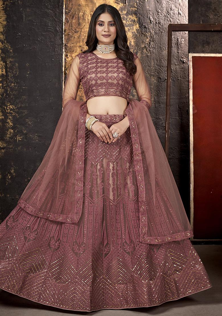 Brown Embroidery Net Lehenga Set - Indya