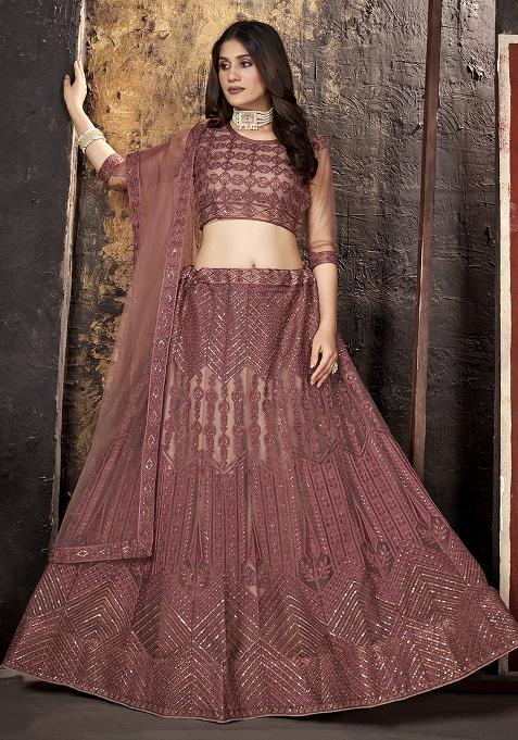 Brown Embroidery Net Lehenga Set