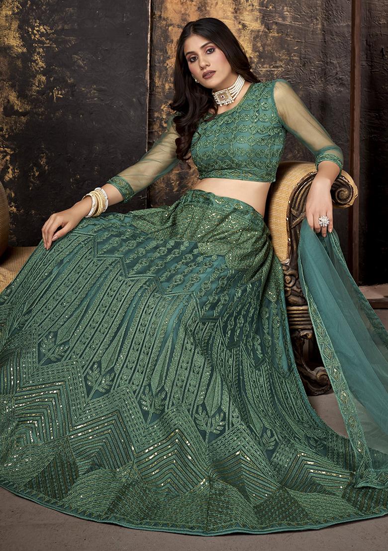 See Green Embroidery Net Lehenga Set - Indya