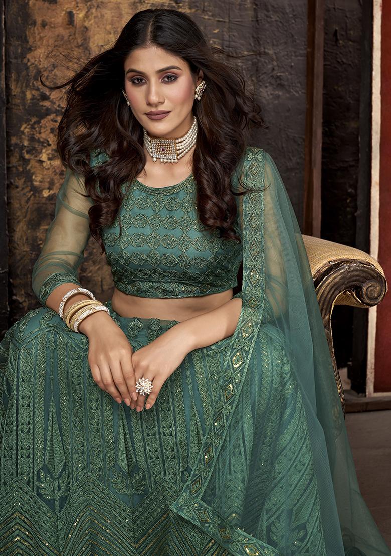 See Green Embroidery Net Lehenga Set - Indya