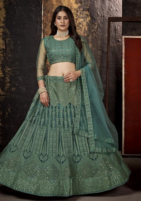 See Green Embroidery Net Lehenga Set