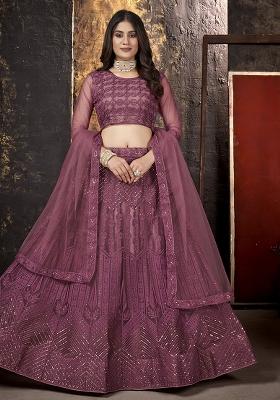 Wine Embroidery Net Lehenga Set
