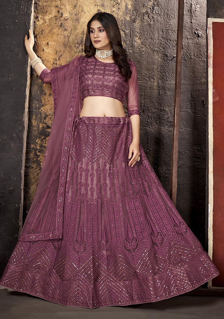 Wine Embroidery Net Lehenga Set - Indya