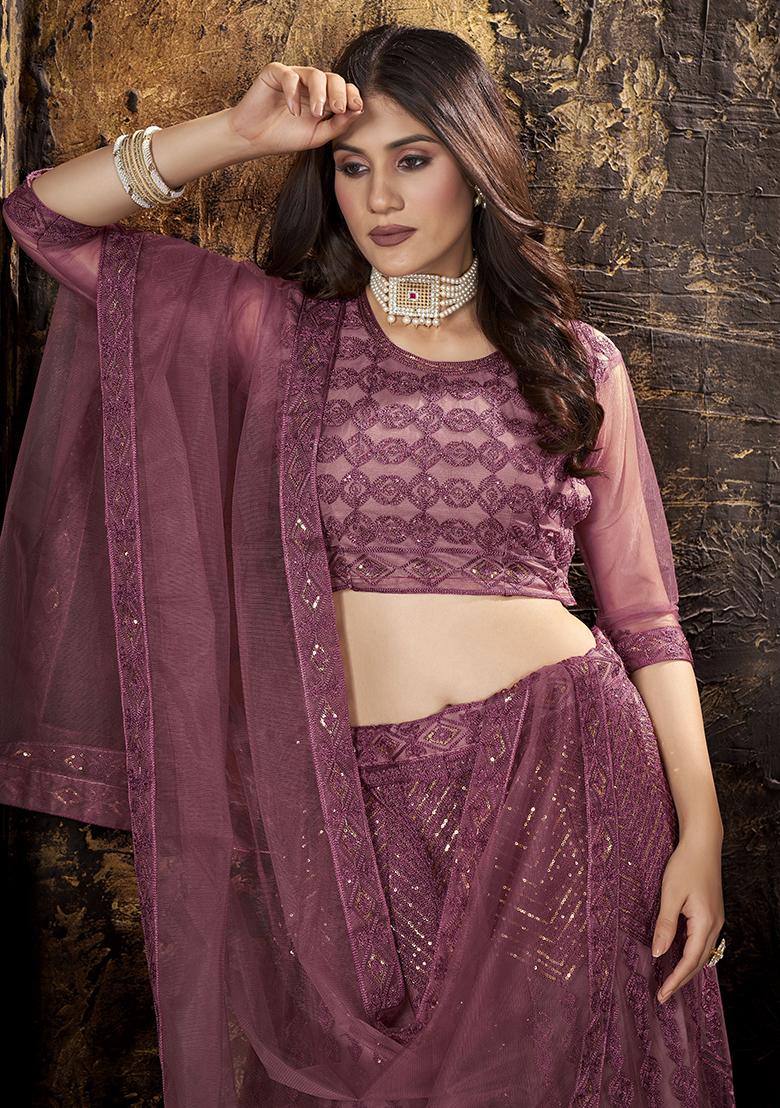 Wine Embroidery Net Lehenga Set - Indya