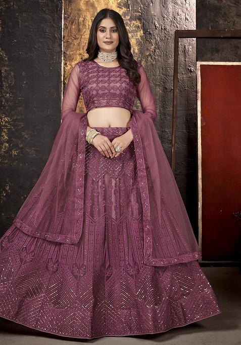 Wine Embroidery Net Lehenga Set