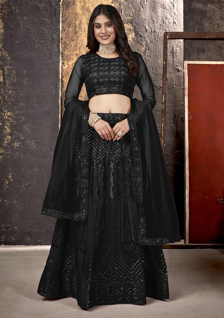 Black Embroidery Net Lehenga Set - Indya