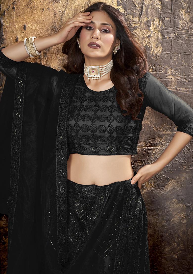 Black Embroidery Net Lehenga Set - Indya