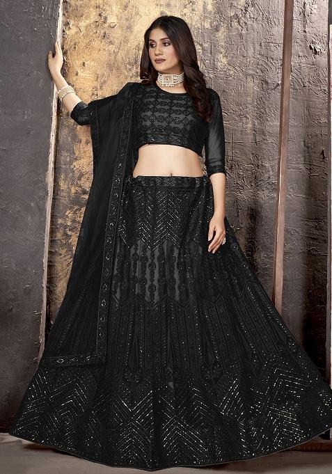 Black Embroidery Net Lehenga Set