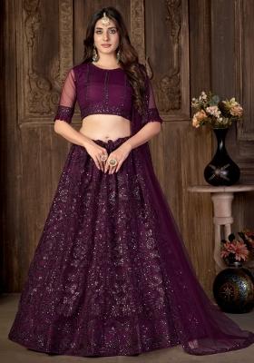Wine Embroidery Net Lehenga Set
