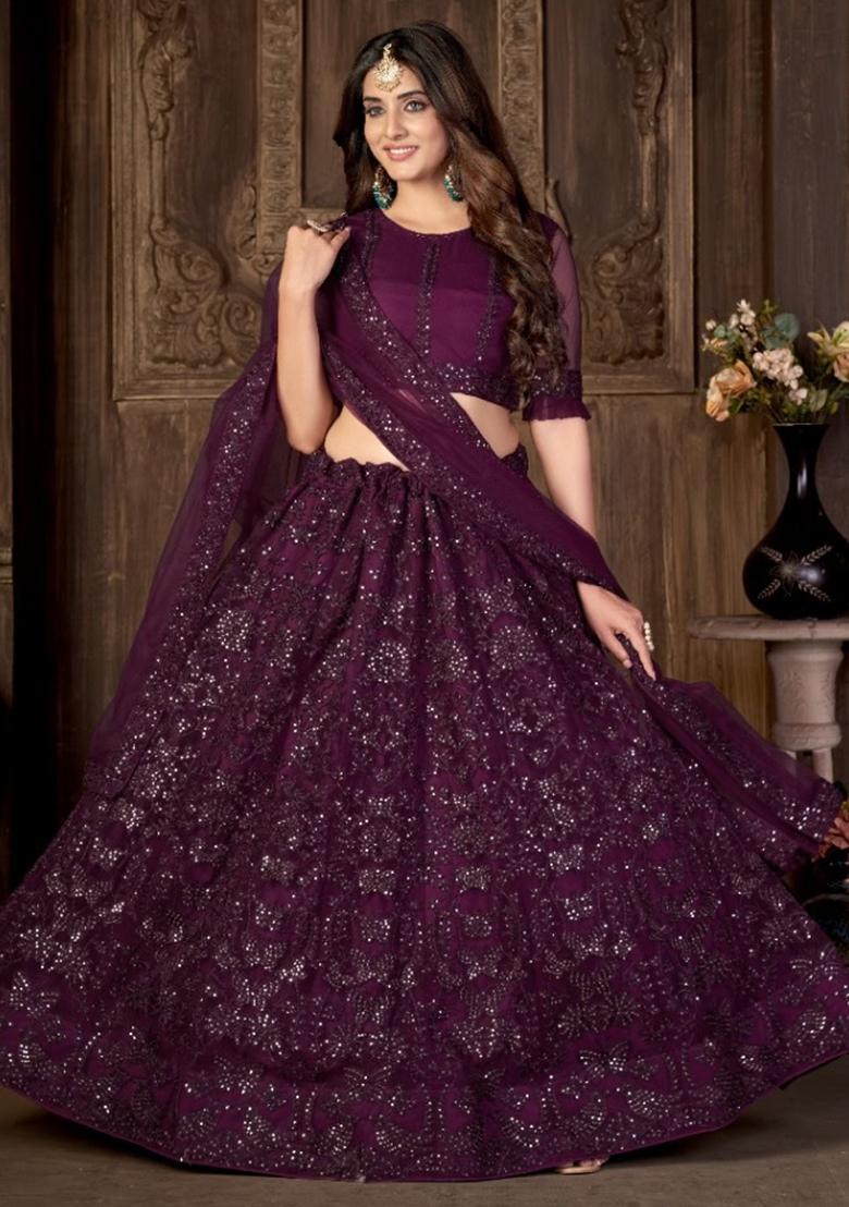 Wine Embroidery Net Lehenga Set - Indya