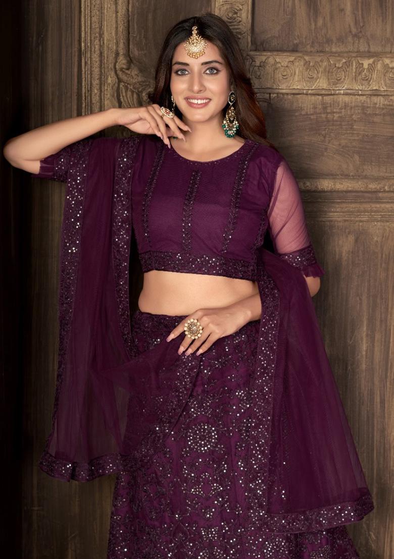 Wine Embroidery Net Lehenga Set - Indya