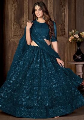 Teal Embroidery Net Lehenga Set