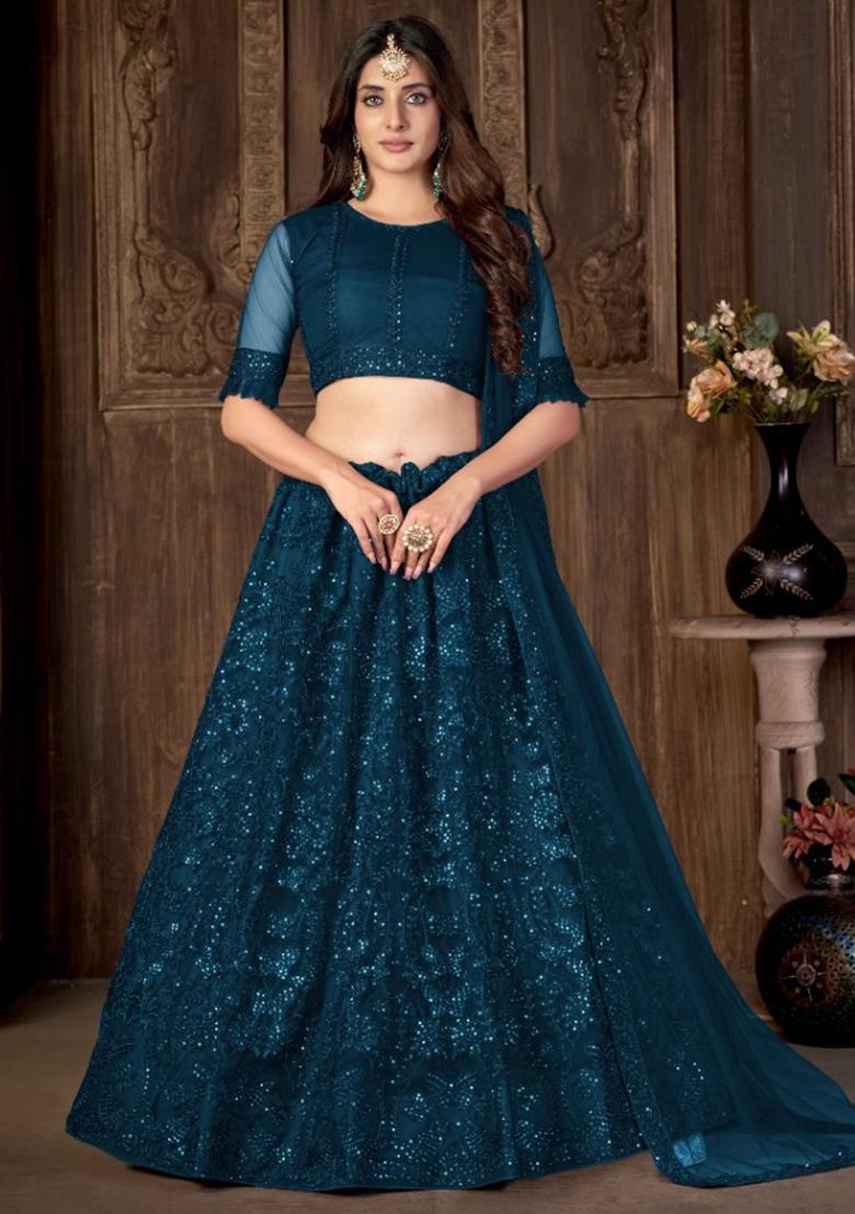 Teal Embroidery Net Lehenga Set - Indya