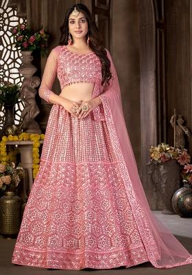 Pink Embroidery Net Lehenga Set