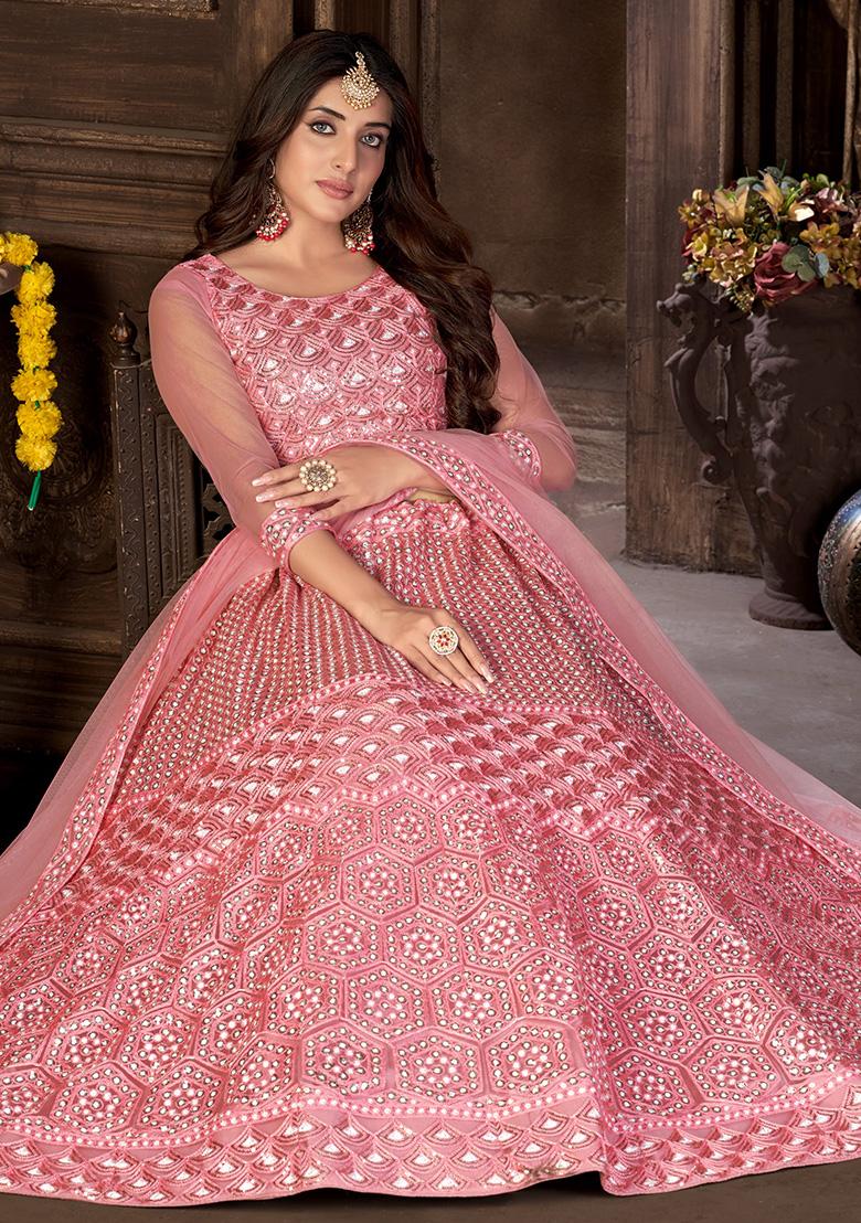 Pink Embroidery Net Lehenga Set - Indya