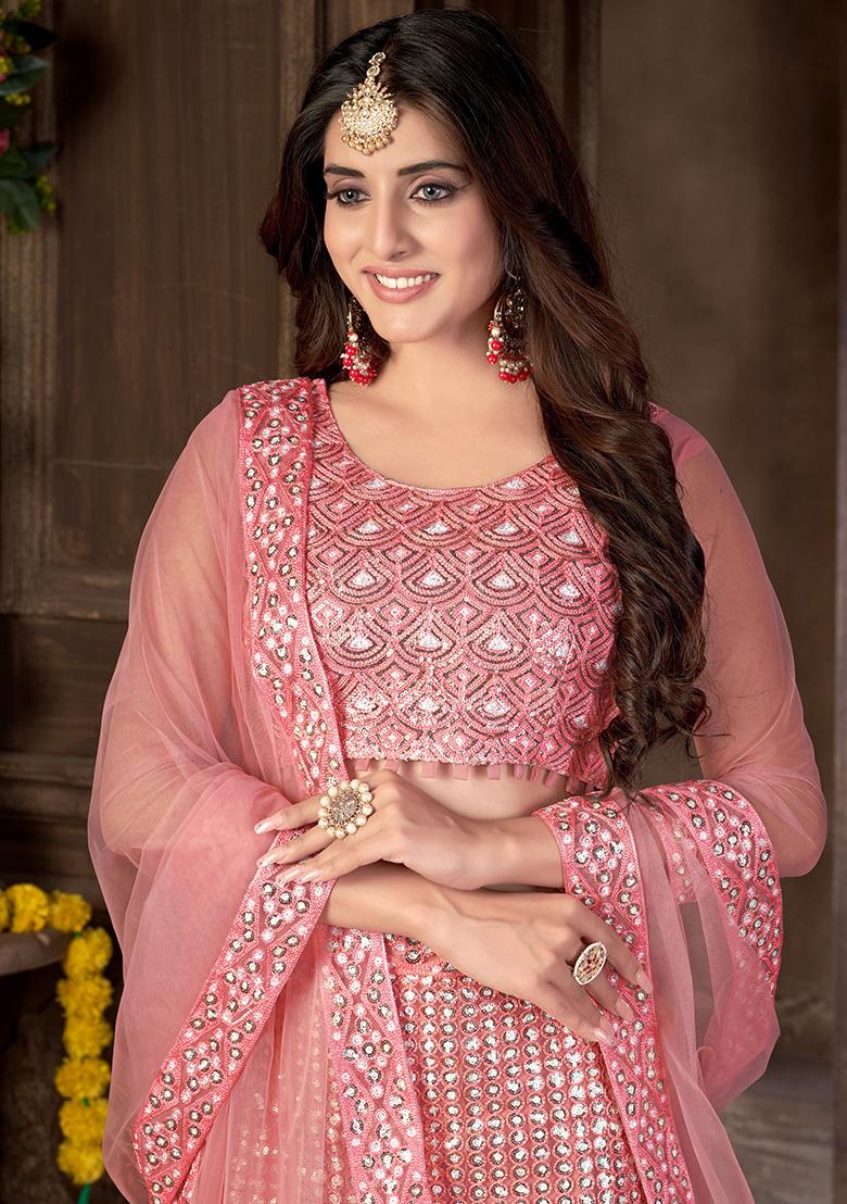 Pink Embroidery Net Lehenga Set - Indya