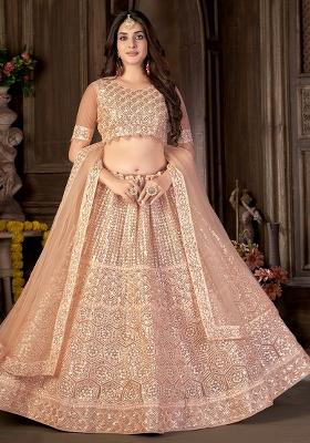 Cream Embroidery Net Lehenga Set