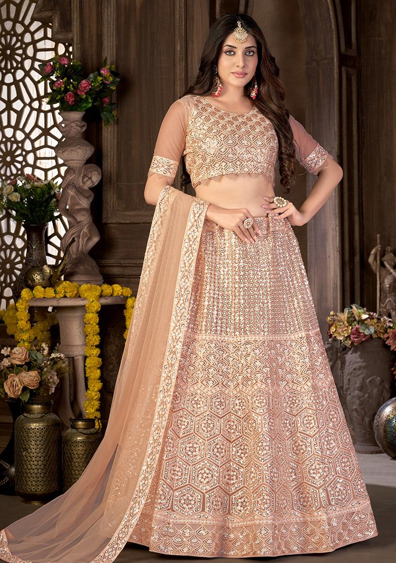 Cream Embroidery Net Lehenga Set - Indya