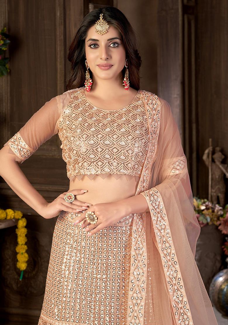 Cream Embroidery Net Lehenga Set - Indya