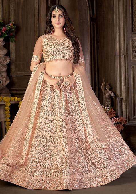 Cream Embroidery Net Lehenga Set