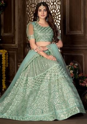 See Green Embroidery Net Lehenga Set