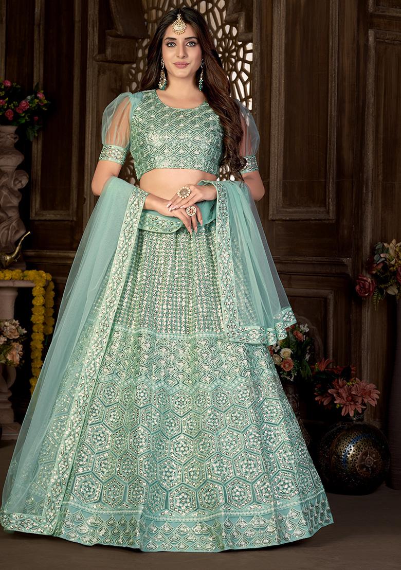 See Green Embroidery Net Lehenga Set - Indya