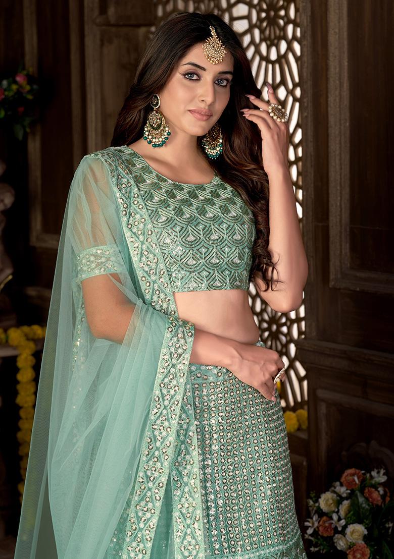 See Green Embroidery Net Lehenga Set - Indya