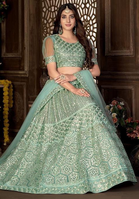 See Green Embroidery Net Lehenga Set