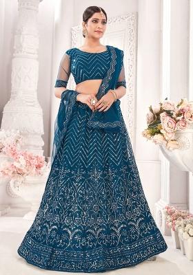 Teal Embroidery Net Lehenga Set
