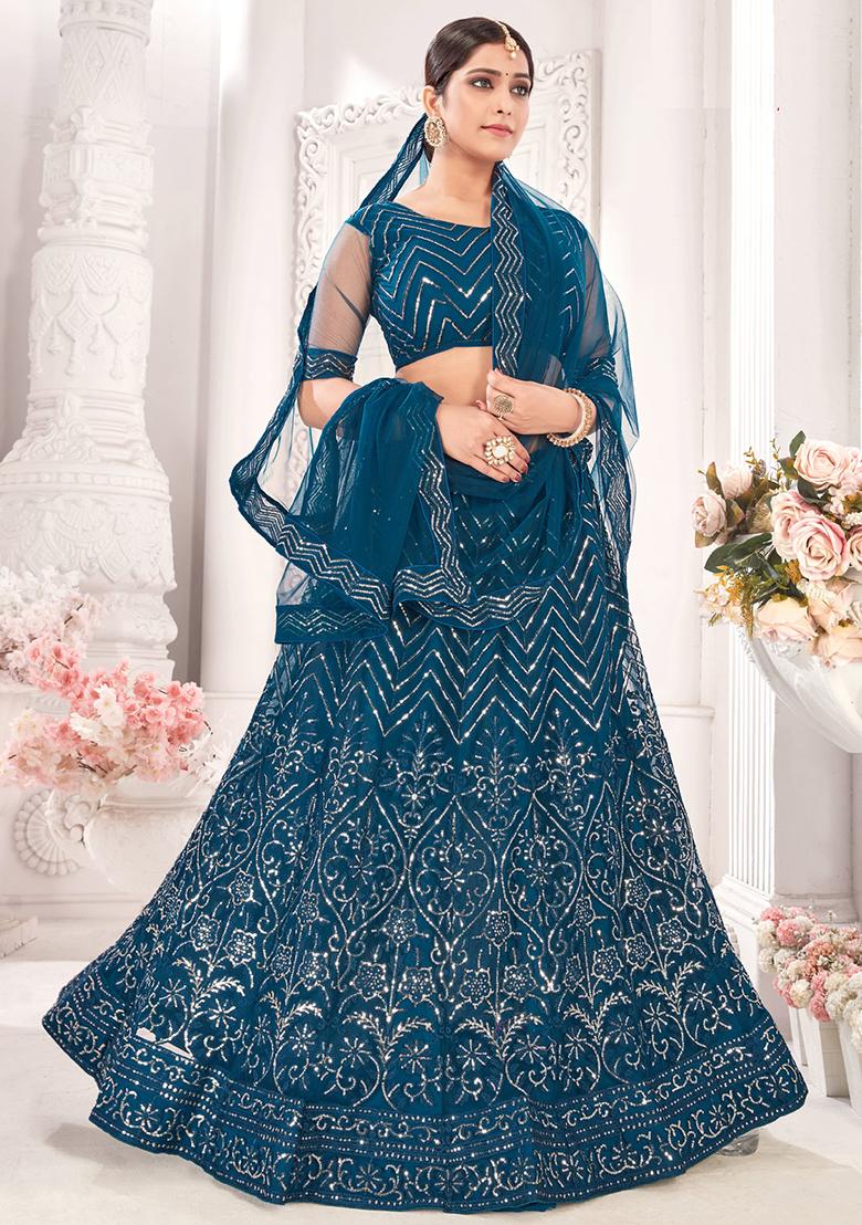 Teal Embroidery Net Lehenga Set - Indya