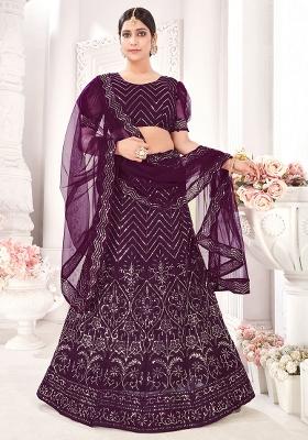 Wine Embroidery Net Lehenga Set