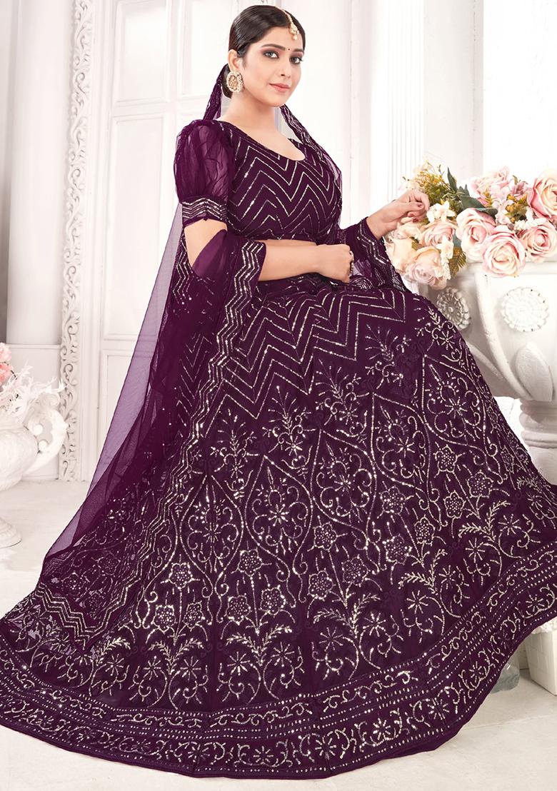 Wine Embroidery Net Lehenga Set - Indya