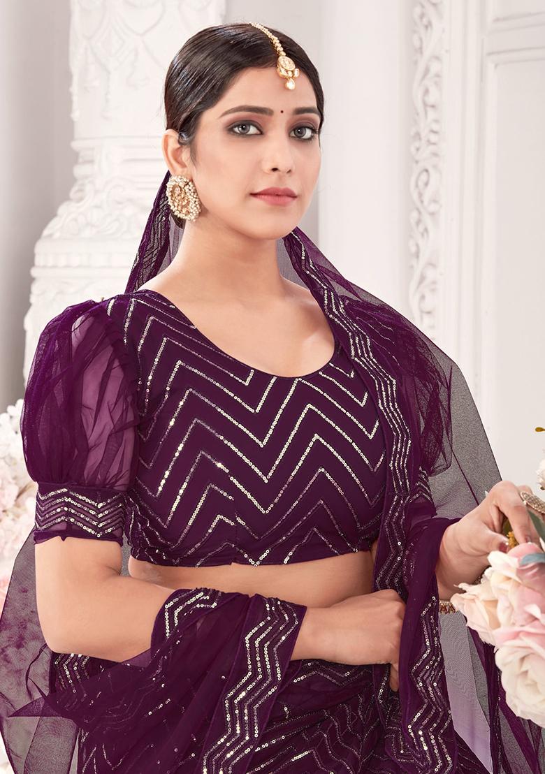 Wine Embroidery Net Lehenga Set - Indya