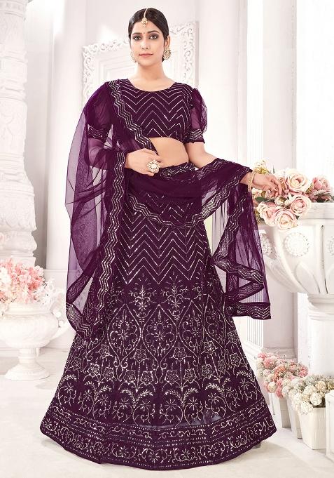 Wine Embroidery Net Lehenga Set