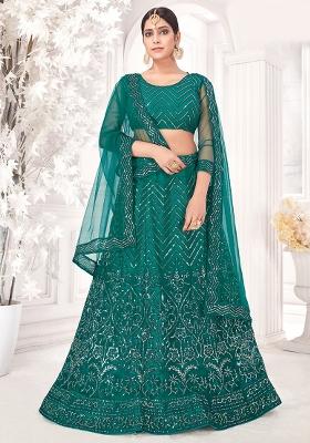 See Green Embroidery Net Lehenga Set