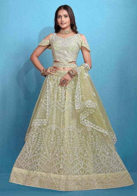 Green Embroidered Net Lehenga Set