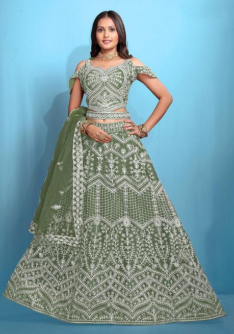 Green Embroidered Net Lehenga Set