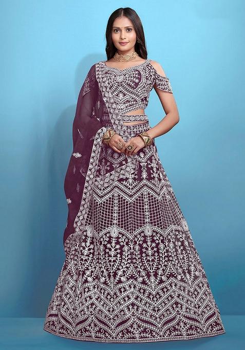 Purple Embroidered Net Lehenga Set
