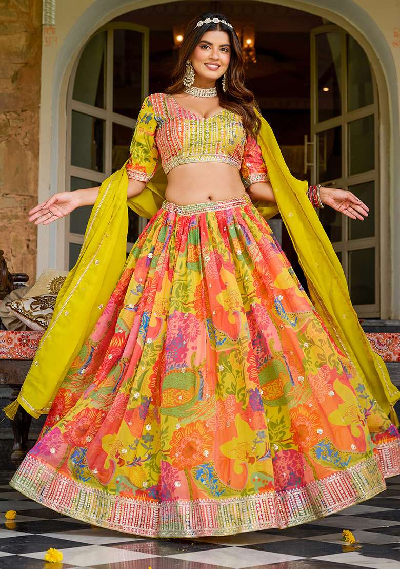 Yellow Embroidered Organza Lehenga Set for Diwali and Festive Wear - Indya