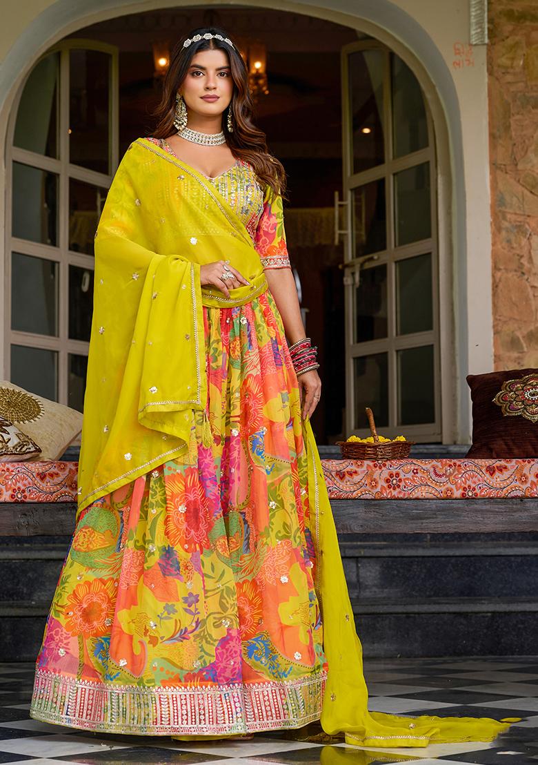 Yellow Embroidered Organza Lehenga Set - Indya
