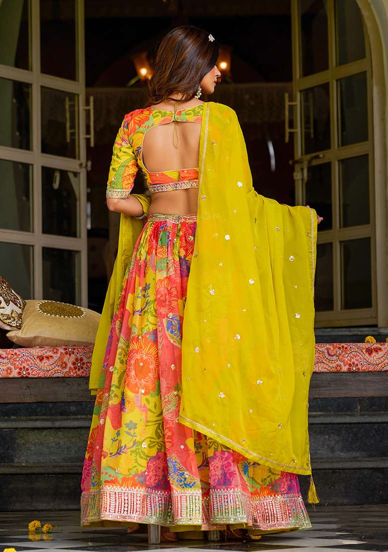 Yellow Embroidered Organza Lehenga Set for Diwali and Festive Wear - Indya
