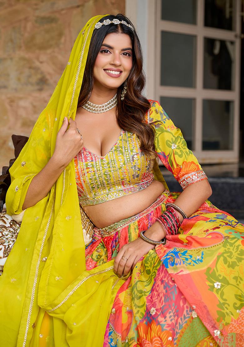 Yellow Embroidered Organza Lehenga Set - Indya