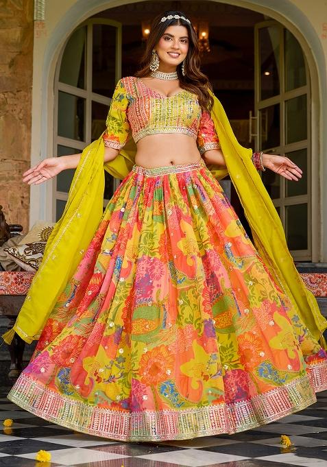 Yellow Embroidered Organza Lehenga Set