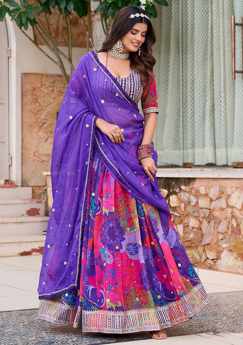 Lavender Embroidered Organza Lehenga Set for Diwali and Festive Wear - Indya