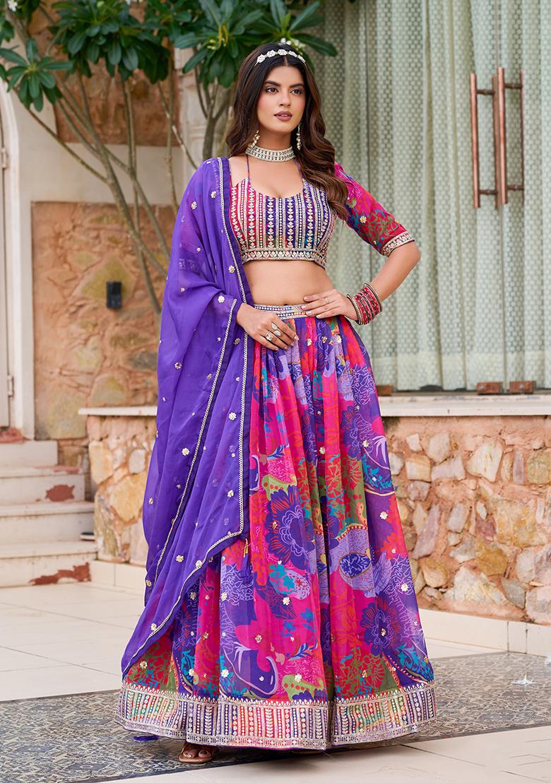 Lavender Embroidered Organza Lehenga Set - Indya