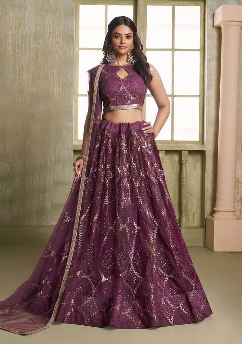 Wine Embroidered Net Lehenga Set for Diwali and Festive Wear - Indya