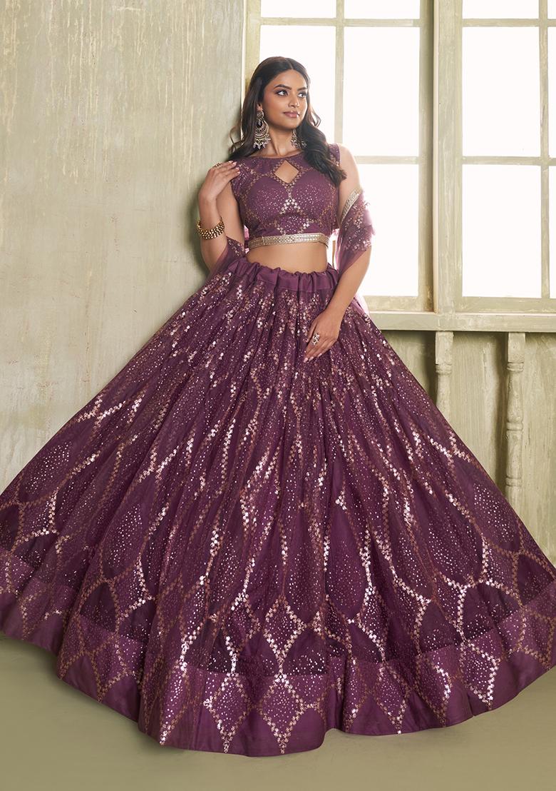 Wine Embroidered Net Lehenga Set - Indya