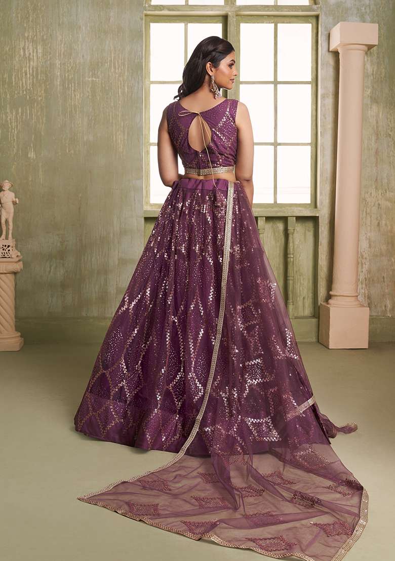 Wine Embroidered Net Lehenga Set for Diwali and Festive Wear - Indya